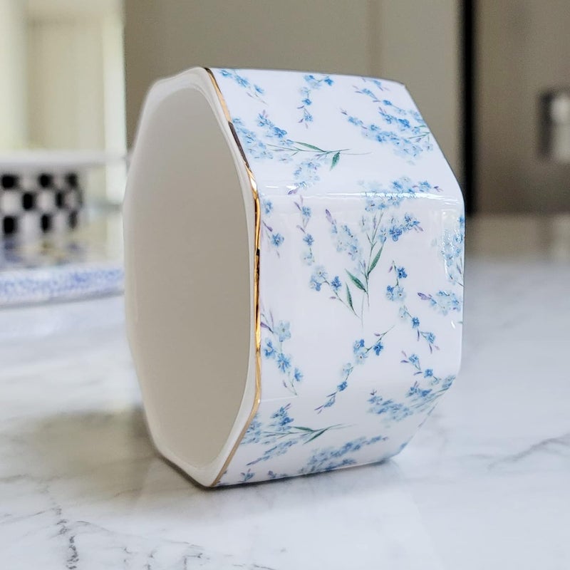 LEAZUL Ceramic Paper Clip Holder Gold Line Paper Clip Dispenser Organizer for Desk Cute Floral Pattern Office Binder Clip Holder Bobby Pin and Hair Clip Holder Gift for Office Blue Flowers - Image 4